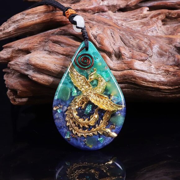 Phoenix Bird Pendant With Natural Agate Stone Necklace Orgone Pendant Rope Chain - Picture 4 of 7